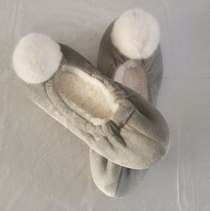 Gray & White Fur Pom Pom Slippers
